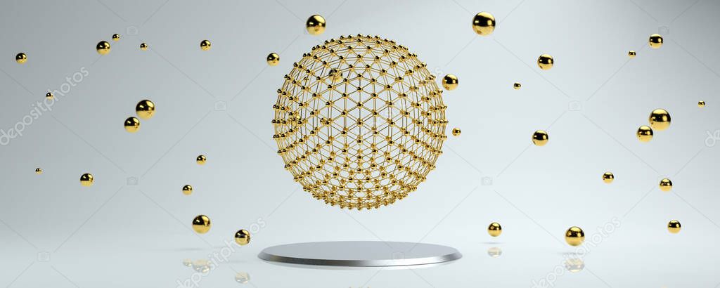 3d gold atom ball background with flying gold bubbles
