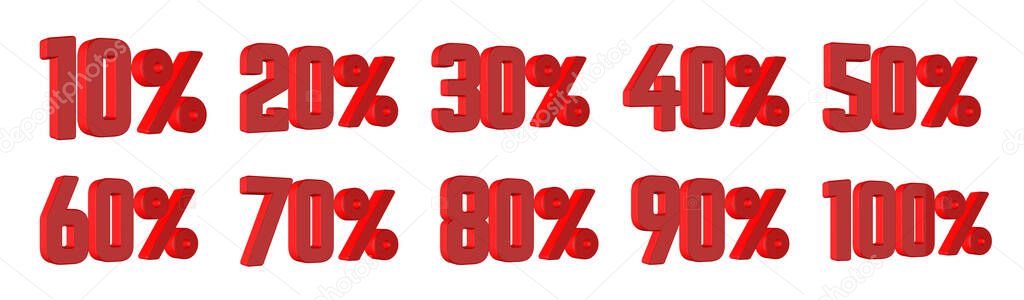 3d red numbers 10, 20, 30, 40, 50, 60, 70, 80, 90, 100 percent sale discount