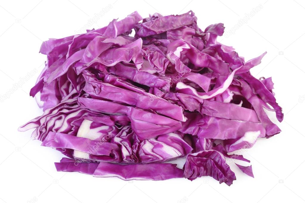 shredded red cabbage on white background