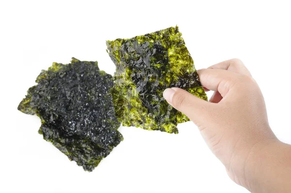 Roasted seaweed snack in hand — Stock Photo, Image