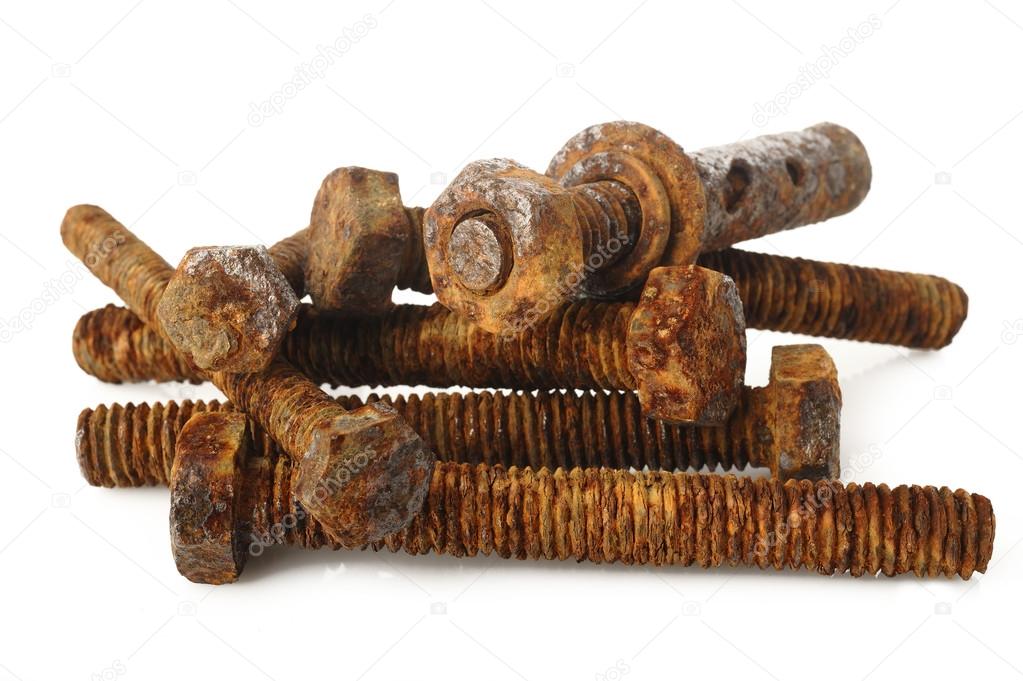 rusty bolt and nut on white background