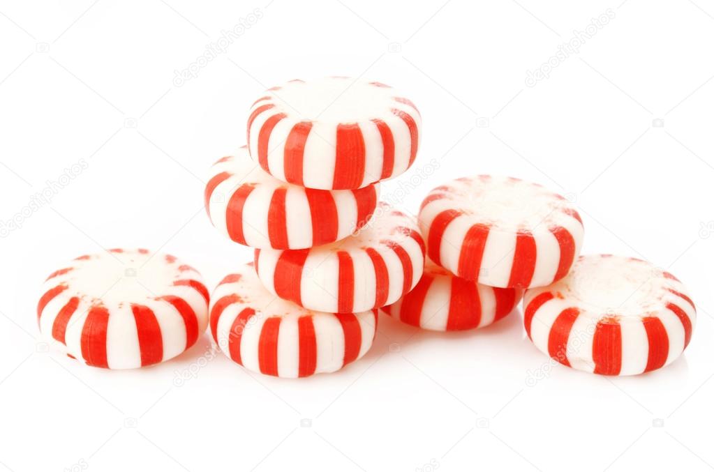 Red striped peppermints on a white background