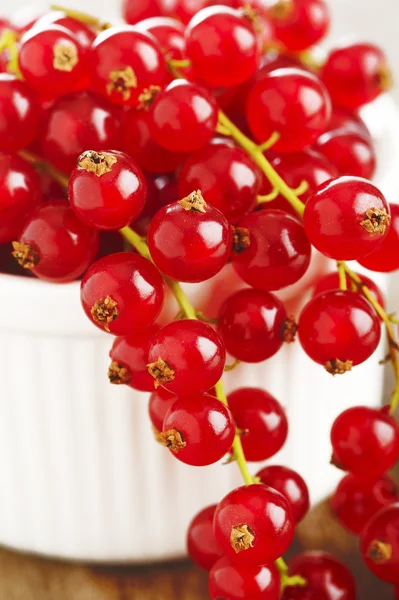 Fresh redcurrants in bowl on wooden — Stock Photo, Image