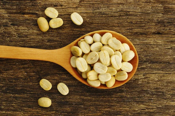 Grain de café non torréfié sur cuillère en bois — Photo