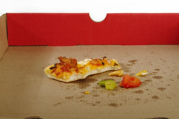 Caja de pizza vacía con un trozo de una pieza permanece —  Fotos de Stock