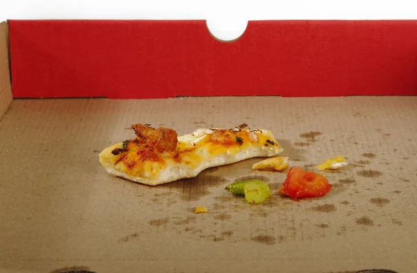 Caja de pizza vacía con un trozo de una pieza permanece —  Fotos de Stock
