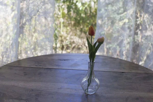 Bouquet of tulip in a vase on rustic wooden table. — Stock Photo, Image