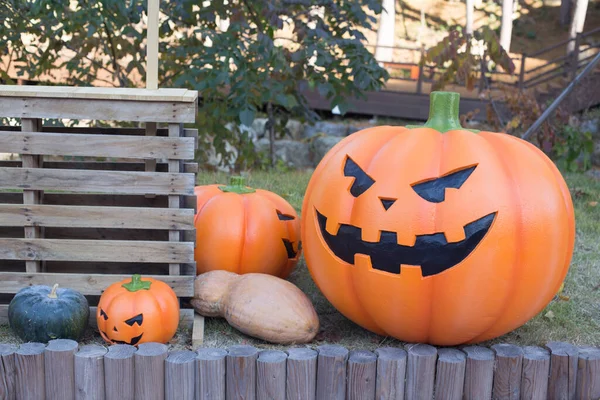 Halloween Straszna Dynia Uśmiechem Jesiennym Parku — Zdjęcie stockowe
