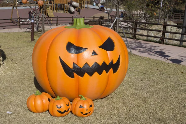 Halloween Strašidelná Dýně Úsměvem Podzimním Parku — Stock fotografie