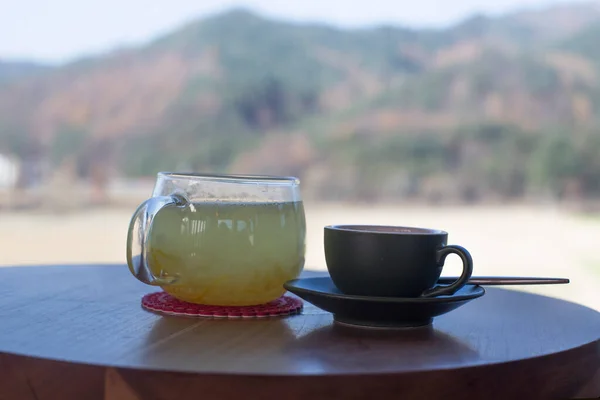 Glass Cup Fresh Citrus Tea Espresso Coffee — Stok Foto