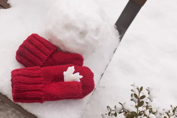 pair of red knitted mittens laying on the snow