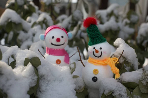Cute Snowman Standing Snowy Field Winter — Stock Photo, Image