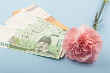 Kore mavi arka planda izole bir zarf ile banknot kazandı.