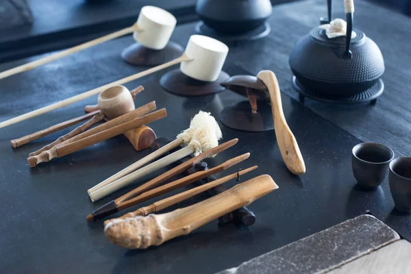 Set of tea drinking utensils made of bamboo. — Stock Photo, Image