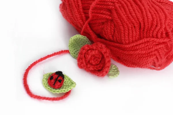 Skein and crochet ladybird on the leaf — Stock Photo, Image