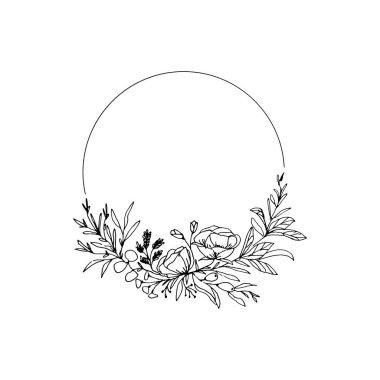 Çiçek süslemeli basit daire çerçeve. Düğün davetiyesi, tebrik kartı, yıldönümü vesaire için modern tasarım şablonu.