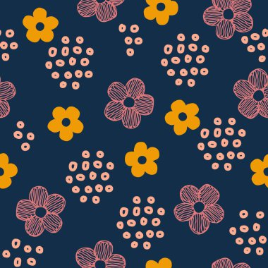 Basit karalama çiçek yineleme deseni. Retro renk şeması olan organik bir şekil. Tekstil, duvar kağıdı, kumaş, ambalaj, ambalaj, dekorasyon vs. için harika.