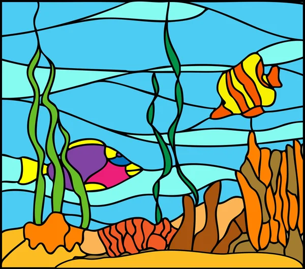 Illustrazione della vita sottomarina in stile vetrata — Vettoriale Stock