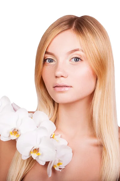 전문 메이크업 꽃 Archidom 여자와 흰색 바탕에 아름 다운 젊은 여자 — 스톡 사진