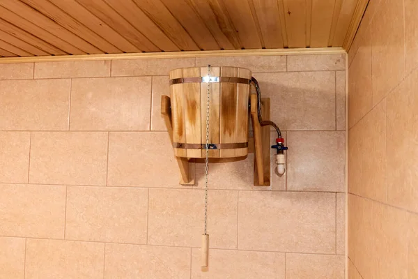 wooden tub for pouring cold water in the bathhouse