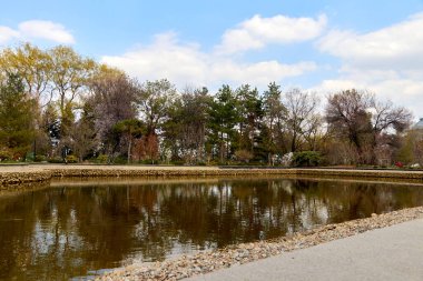 Botanik bahçesindeki gabionların sardığı yapay gölet manzarası