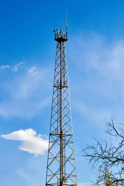 telecommunications and relay tower among the bushes against the blue sky