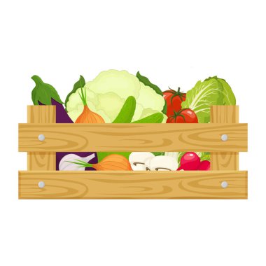 Wooden box with different fresh vegetables Isolated on white background. Vector illustration of farm organic food cartoon flat style.