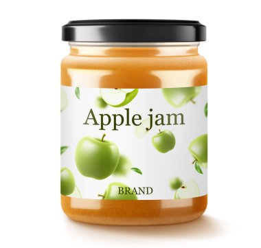 Elma reçelli kavanoz beyaz arka planda izole. Cam kavanozda ev yapımı elma reçeli. Gerçekçi 3 boyutlu vektör çizimi. Markan için maket.