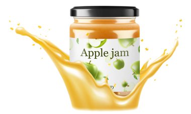 Elma suyu serpilmiş elma reçeli kavanozu. Beyaz arka planda izole edilmiş. Ev yapımı elma reçeli ya da cam kavanozda komposto. Gerçekçi 3 boyutlu vektör çizimi. Markan için maket.