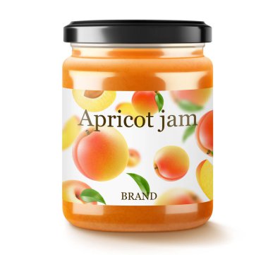 Kayısı ya da şeftali reçelli kavanoz beyaz arka planda izole. Cam bir kavanozda kapak ve kağıt etiketli konserve kayısı, gerçekçi 3D vektör çizimi. Mockup, paketlemede koru.