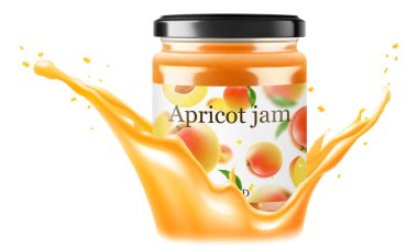 Kayısı ya da şeftali reçeli kavanoz ve beyaz arka planda izole edilmiş kayısı suyu. Ev yapımı kayısı reçeli ya da cam kavanozda komposto. Gerçekçi 3 boyutlu vektör çizimi. Markan için maket.