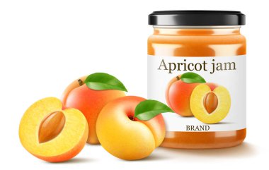 Kayısı ya da şeftali reçelli kavanoz beyaz arka planda izole. Cam bir kavanozda kapak ve kağıt etiketli konserve kayısı, gerçekçi 3D vektör çizimi. Mockup, paketlemede koru.