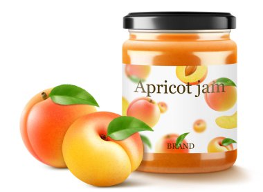 Kayısı ya da şeftali reçelli kavanoz beyaz arka planda izole. Cam bir kavanozda kapak ve kağıt etiketli konserve kayısı, gerçekçi 3D vektör çizimi. Mockup, paketlemede koru.