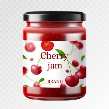 Cam kavanozda kiraz reçeli ve beyaz arka planda taze böğürtlen. Gerçekçi 3d vektör illüstrasyonu. Konserve kiraz karışımı veya reçelli cam kavanoz, ziyaret ya da marmelat. .