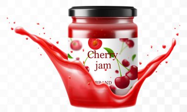 Şeffaf arka planda izole edilmiş vişne suyu serpiştirilmiş vişne suyu serpilmiş cam kavanoz ya da reçel. Vişne reçeli ya da siyah kapaklı cam kavanozda ziyafet. Gerçekçi 3d vektör illüstrasyonu.