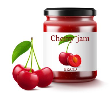 Cam kavanozda kiraz reçeli ve beyaz arka planda taze böğürtlen. Gerçekçi 3d vektör illüstrasyonu. Konserve kiraz karışımı veya reçelli cam kavanoz, ziyaret ya da marmelat. .