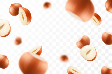 Uçan fındık, şeffaf arka planda izole, seçici odaklanma. Bulanık efektli uçan fındık. Reklam, ambalaj, afiş ve poster için kullanılabilir. Gerçekçi 3d vektör illüstrasyonu