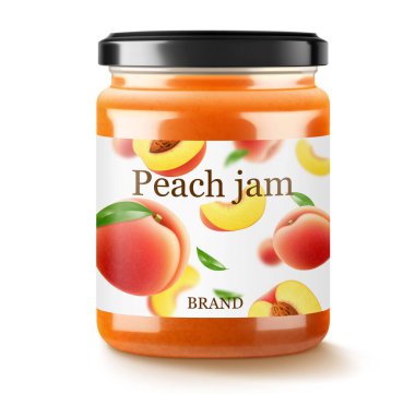 Şeftali reçelli kavanoz beyaz arka planda izole. Kapak ve kağıt etiketli cam bir kavanozda konserve şeftali, gerçekçi 3D vektör çizimi. Mockup, paketlemede koru.