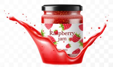 Şeffaf arka planda izole edilmiş ahududu suyu serpiştirilmiş korunmuş ahududu reçeli cam kavanoz. Ahududu reçeli ya da siyah kapaklı cam kavanozda komposto. Gerçekçi 3d vektör illüstrasyonu.