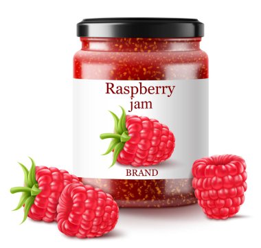 Cam kavanozda ahududu reçeli ve beyaz arka planda izole edilmiş taze böğürtlen. Ev yapımı tatlı koruma alanının gerçekçi 3D Vektör çizimi. Korunmuş ahududu kompostosu veya reçel, konfeksiyon veya marmelat .