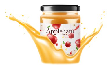 Elma suyu serpilmiş elma reçeli kavanozu. Beyaz arka planda izole edilmiş. Ev yapımı elma reçeli ya da cam kavanozda komposto. Gerçekçi 3 boyutlu vektör çizimi. Markan için maket.