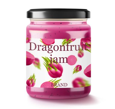 Ejderha Meyve Reçeli Cam Kavanozu pitayalı, vektör gerçekçi 3D görüntüleme beyaz arka planda izole edildi. Bir şişe ejderha meyvesi reçeli veya meyve suyu. ejderha meyvesi özü. İçki ve yemek. Şekerler. Başlıklar