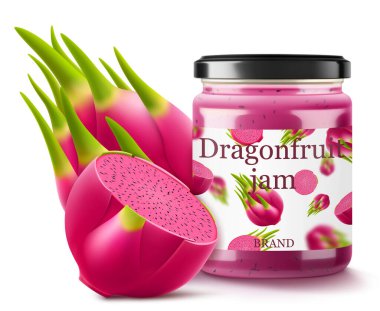 Ejderha Meyve Reçeli Cam Kavanozu pitayalı, vektör gerçekçi 3D görüntüleme beyaz arka planda izole edildi. Bir şişe ejderha meyvesi reçeli veya meyve suyu. ejderha meyvesi özü. İçki ve yemek. Şekerler. Başlıklar