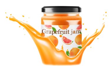 Beyaz arka planda izole edilmiş greyfurt suyu serpiştirilmiş cam kavanoz greyfurt reçeli. Bir şişe narenciye reçeli ya da meyve suyu. Greyfurt özü. İçki ve yemek. Şekerler. Başlıklar