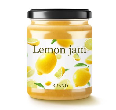 Cam kavanozda limon reçeli ve beyaz arka planda taze limon. Bir bardak limon reçeli tasarımı. Limonlu kavanoz ikonu seti. Gerçekçi c3d vektör illüstrasyonu.