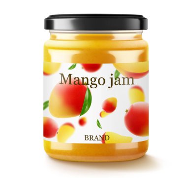 Yanında taze mango dilimleri olan cam kavanozda mango reçeli. Bir bardak mango marmelat tasarımı. Beyaz arka planda izole edilmiş organik meyve reçeli. Gerçekçi 3d vektör illüstrasyonu