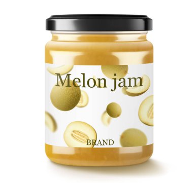 Kavun reçelli cam kavanoz ya da beyaz arka planda izole edilmiş konfeksiyon. Ev yapımı meyve suyu, içecek ve yiyecek. Şekerler. Tepeler. Gerçekçi 3d vektör illüstrasyonu