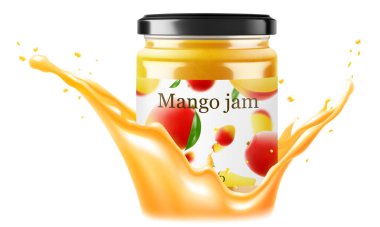 Beyaz arka planda izole edilmiş mango suyu serpiştirilmiş mango reçelli kavanoz. Ev yapımı mango reçeli ya da cam kavanozda meyve suyu. Gerçekçi 3 boyutlu vektör çizimi. Markan için maket.