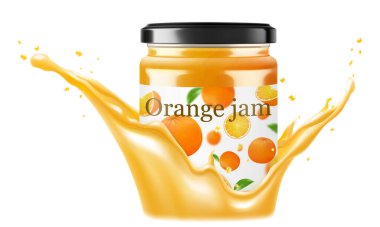 Beyaz arka planda izole edilmiş portakal suyu serpiştirilmiş cam kavanoz. Bir şişe narenciye reçeli ya da meyve suyu. Greyfurt özü. İçki ve yemek. Şekerler. Başlıklar