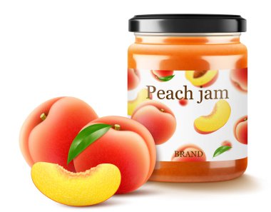 Şeftali reçelli kavanoz beyaz arka planda izole. Kapak ve kağıt etiketli cam bir kavanozda konserve şeftali, gerçekçi 3D vektör çizimi. Mockup, paketlemede koru.